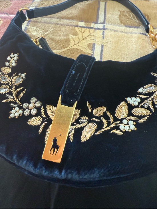 Ralph Lauren Handbags - Ralph Lauren Navy Velvet Shoulder Bag with Gold Embroidery